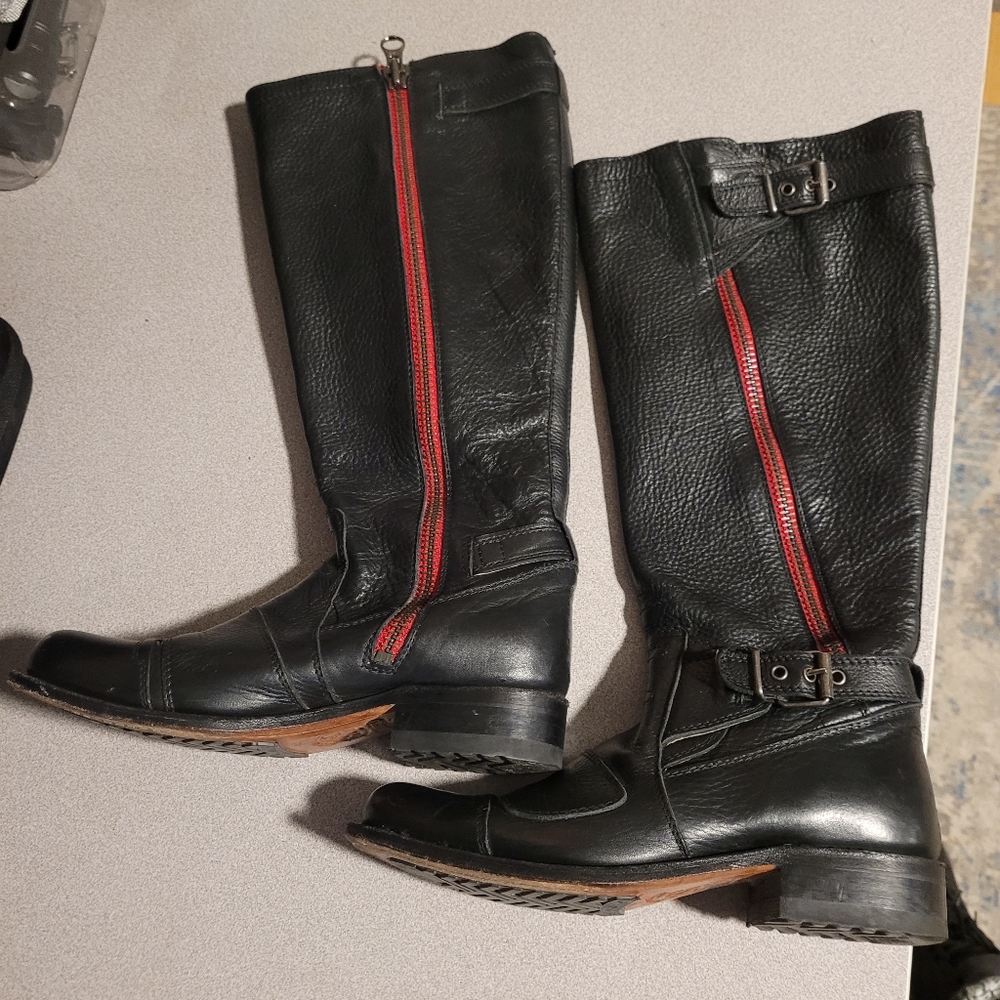 Women's Sendra Black Leather Knee High Zipper Boots Spain Biker Retro